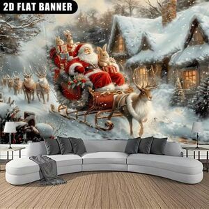 37 x 28 Holiday Wall Banner Festive Christmas Santa & Sleigh w Bunnies
